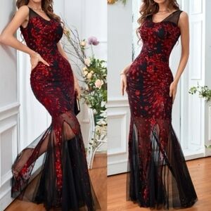 Multicolor Floral, V Neck, Slit Thigh, Contrast Mesh and Sequined Sample Gown